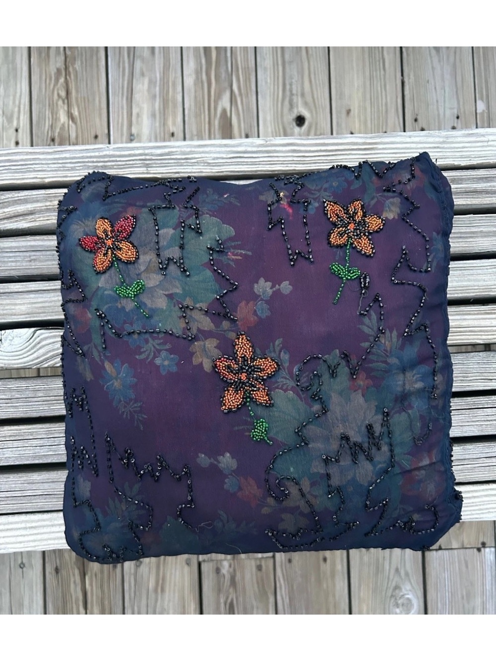 Vintage 90s Y2K Beaded Floral Pillow 16x16 Handmade Boho Sheer Navy Decor